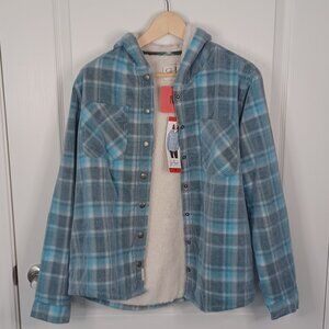 Soho Threads Plaid Corduroy Shacket Women M Blue Sherpa Lined Hooded Y2K Grunge